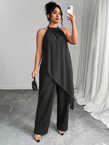 Elenzga 大码露背无袖优雅夏季收腰不对称连体裤 - 黑色 - 查看 4