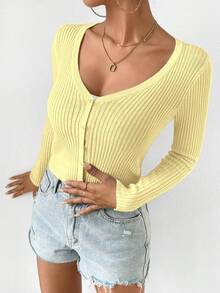 EMERY ROSE Women's Ribbed Fitted Single-Breasted Knit Cardigan,Long Sleeve Button Cover Up,Beach,Vacation,Spring & Summer,Pale Yellow,Casual,Occasion - Yellow - View 7