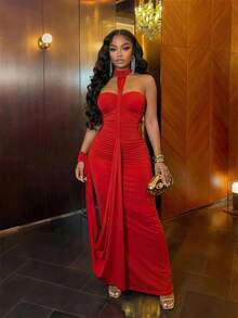 Slaydiva Elegant Lady Party Birthday Bar Nightclub Date Sisters Gathering Sexy Valentine's Day New Year Festival Party Banquet Ball High-End Design Red Halter Backless Long Tight Bodycon Dress For Women - Fiery Red - View 3