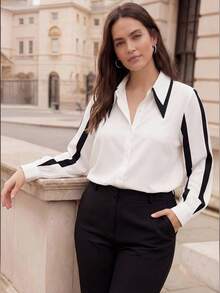 Juhart Camisa de Manga Longa para Uso no Escritório, Elegante, com Recorte Colorido e Botões na Frente, Plus Size - Preto e Branco - Visão 1
