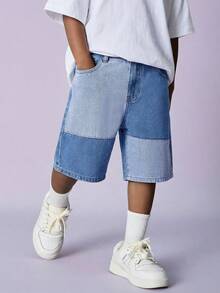 SHEIN Tween Boy Fashion Casual Vintage Cool Street Comfortable And Simple Basic Casual Light And Dark Blue Striped Denim Shorts For Dailywear And Spring To Summer Rave Festival And Streetwear Patchwork Denim Jean Pant Short Boys Short Jeans - Blue - View 4