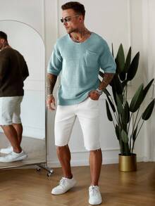 Manfinity Homme Áo thun nữ tay ngắn cổ tròn màu trơn, kiểu dáng thường ngày, đa năng, chất liệu dệt kim. - Màu xanh nhạt - Xem 6