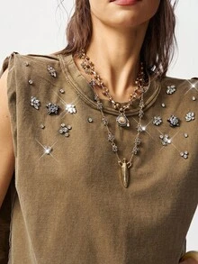 Bohemela Áo tank top nữ cổ tròn dệt kim màu trơn phong cách Boho, đính đá lấp lánh, kiểu dáng ôm sát. - Màu nâu  Mocha - Xem 2