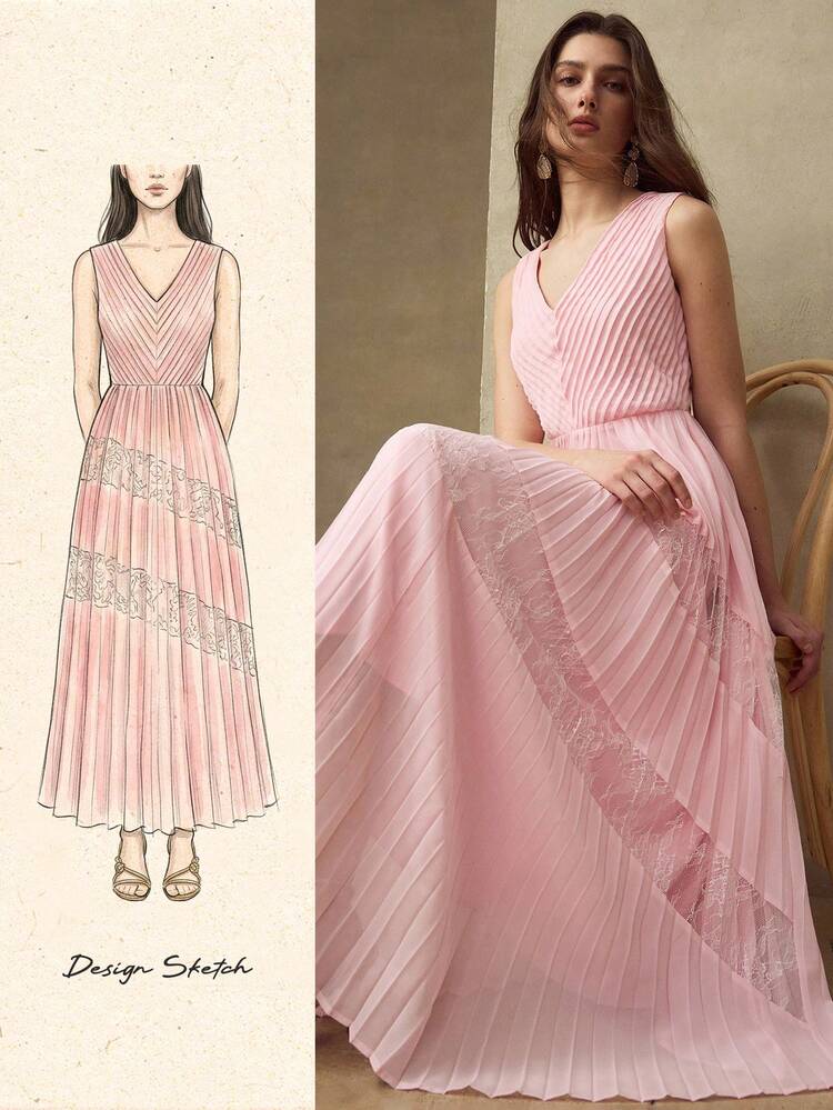 WOMEN'S ELEGANT PLEATED CONTRAST LACE DRESS