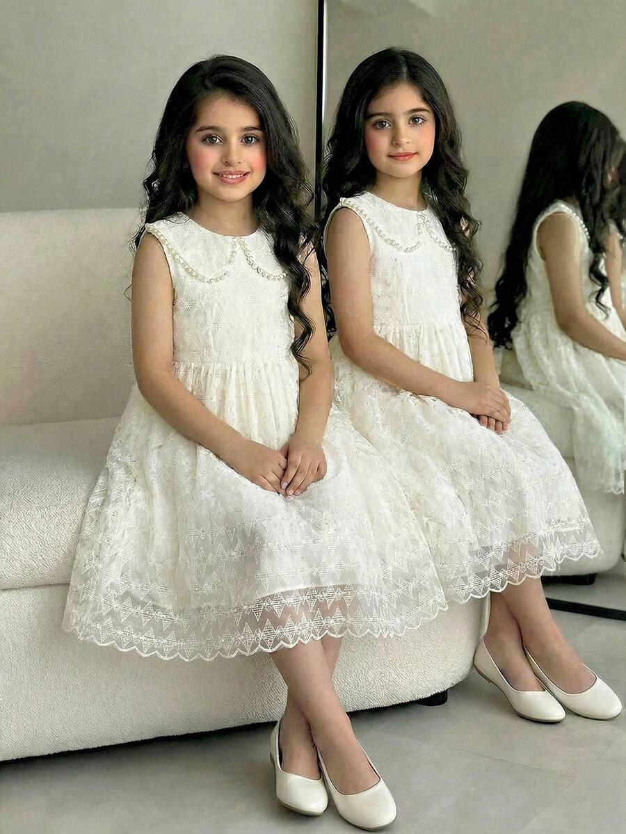 Summer Girls Lace Embroidery Pearl Collar Sleeveless Dress, Suitable For Parties, Gatherings, Birthdays, And Everyday Wear - Apricot - View 1