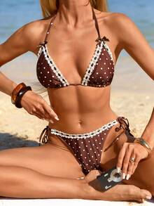 Swim Mod 女士夏季度假沙滩波点印花挂脖比基尼套装 - 卡其色 - 查看 5