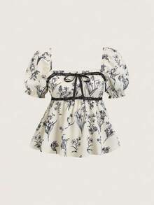 SHEIN Franclia Blusa feminina casual de verão com mangas curtas, estilo INS, perfeita para férias. Blusa feminina fofa e floral para o verão. - Damasco - Ver 3