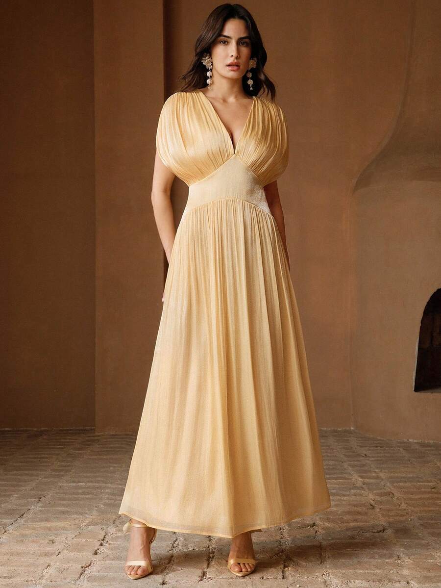 Anewsta Elegant Shiny Satin Pleated V-Neck Waist Asymmetrical Hem Midi Dress, Yellow For Women - Yellow - View 1