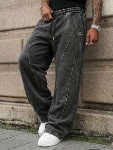 AXEPEAK 男士字母印花做旧抽绳腰休闲百搭日常运动裤 - 黑色 - 查看 1