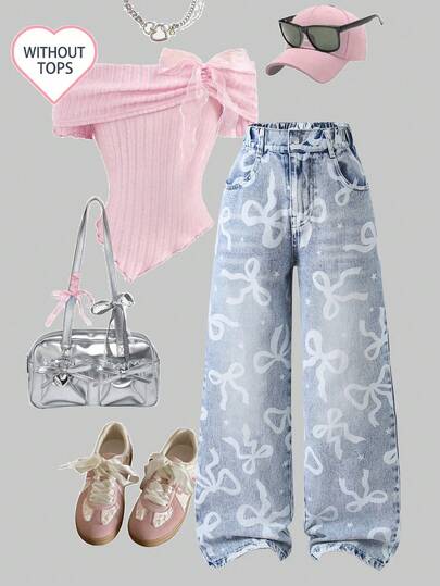 Genkimix Kids Pantalones vaqueros casuales de estilo dulce y lindo para niñas preadolescentes, color azul claro de mezclilla, diseño de lazo blanco, pierna recta holgada, adecuados para la escuela y el transporte, de moda y versátiles