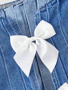 Sweetra Blusa de mezclilla sin mangas con lazo decorativo y dobladillo plisado para mujer - Azul - Ver 3