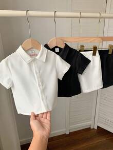 SHEIN 4件套男女宝宝夏季黑白撞色字母印花针织柔软polo领短袖开衫衬衫和松紧腰短裤套装，适合度假、居家、上学穿着。 - 彩色 - 查看 6