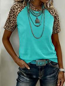 EMERY ROSE Casual Leopard Print Patchwork Short Sleeve T-Shirt, Summer - Multicolor - View 3