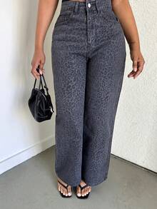 Alexandranx Quần jeans nữ thời trang, thoải mái, thoáng khí, họa tiết da báo, dáng rộng, phong cách Y2K - Xám - Xem 6