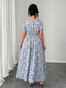 Elenzga 女士方领短袖度假连衣裙，浪漫、西式、春季连衣裙、沙滩装、夏季装、吊带裙、波西米亚风、优雅、正式晚礼服 - 藍色 - 查看 2