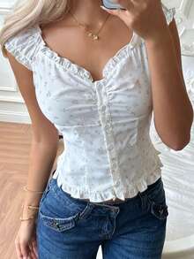 CovetEZ Women's Casual Ditsy Floral Shirt, Summer - White - View 5