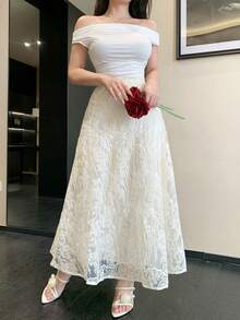 DAZY 女士蕾丝刺绣优雅半身裙 - 杏色 - 查看 4