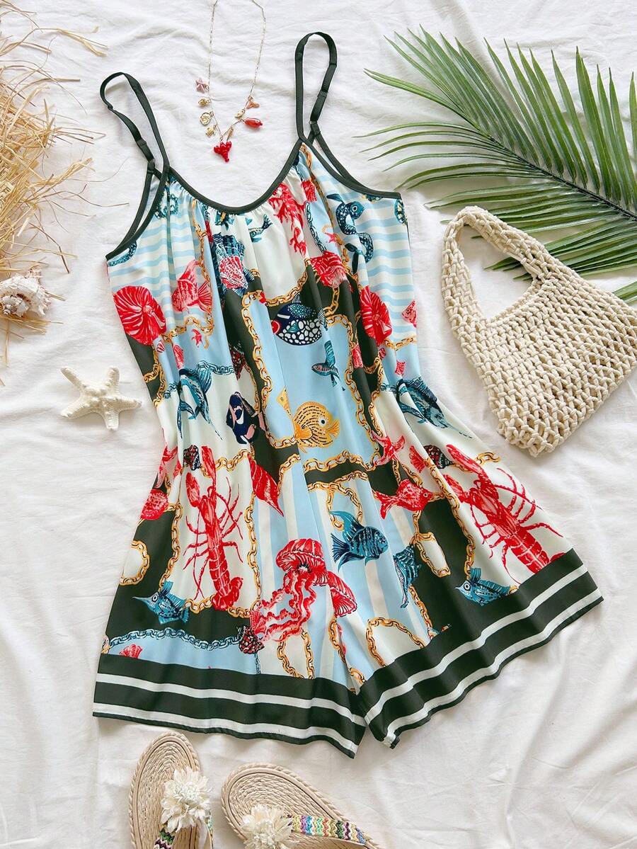 Soleia Áo liền quần nữ kiểu dáng thường ngày, in hình sinh vật biển, hở lưng, cổ chữ V, thích hợp cho kỳ nghỉ biển và du lịch trên tàu biển. - Nhiều màu - Xem 1