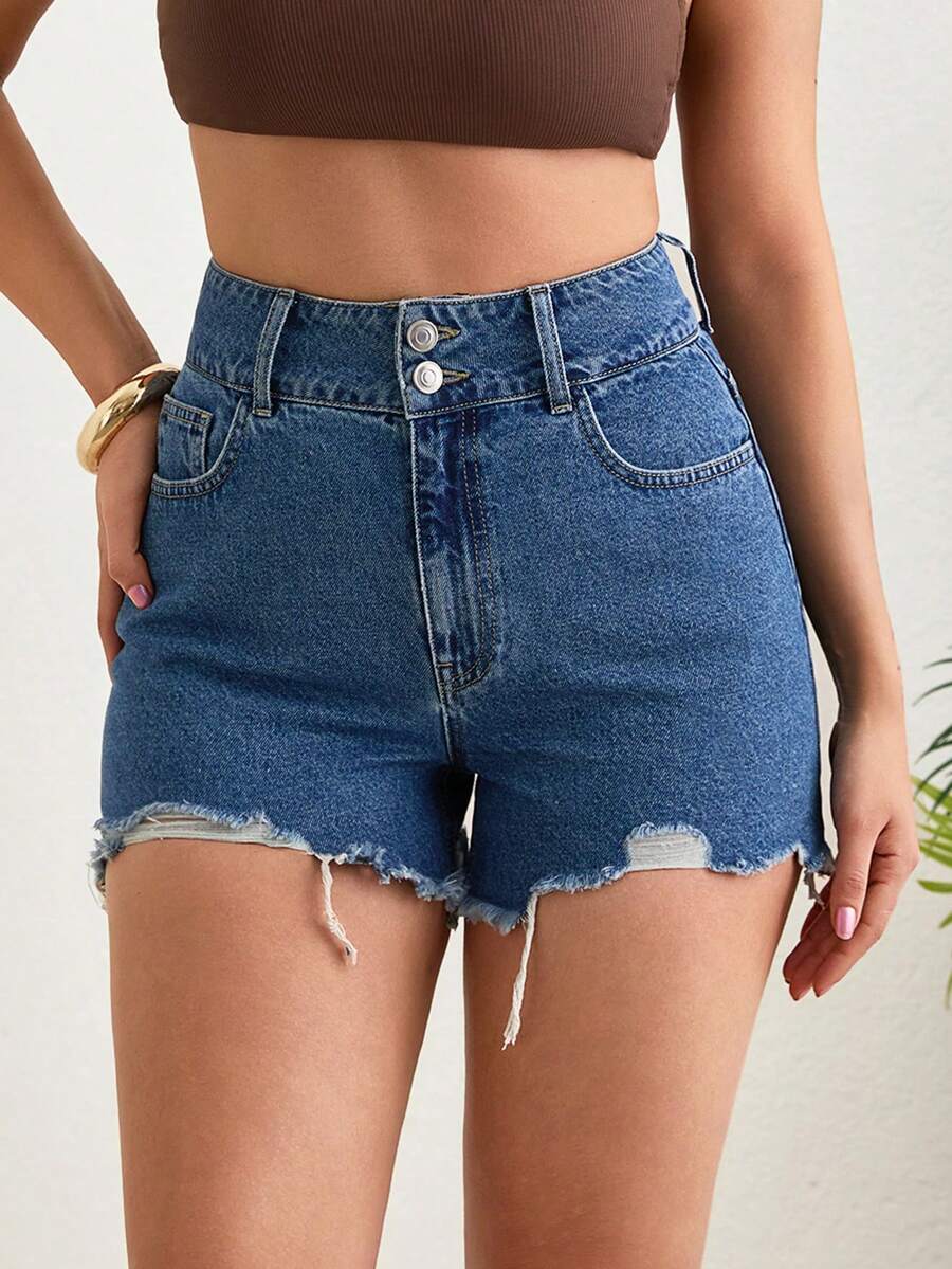 SHEIN High Waist Mini Denim Short Double Waistband Vacation Blue Summer Streetwear Casual - Medium Wash - View 1