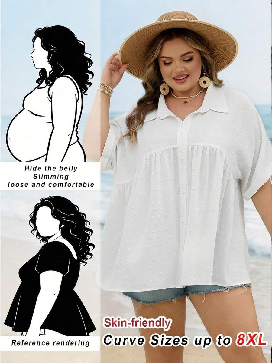 SHEIN CURVE+ Curve 尺码 US22 音乐节、海滨度假、波西米亚夏季休闲简约瑞士圆点前开襟衬衫 - 白色 - 查看 1