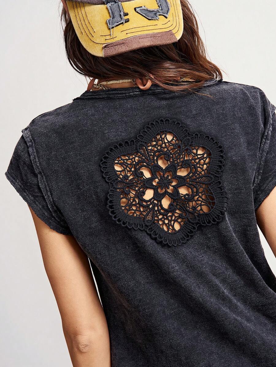 Bohemela 女士休闲纯色V领短袖水洗T恤 - 黑色 - 查看 1