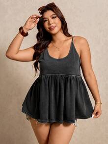 Elaquor 大码女式荷叶边休闲吊带背心 大码女式上衣 女式背心 女式夏季上衣 - 黑色 - 查看 4