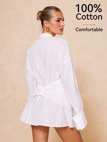 Lumalex 100%纯棉交叉系带长袖宽松女式衬衫 - 白色 - 查看 2