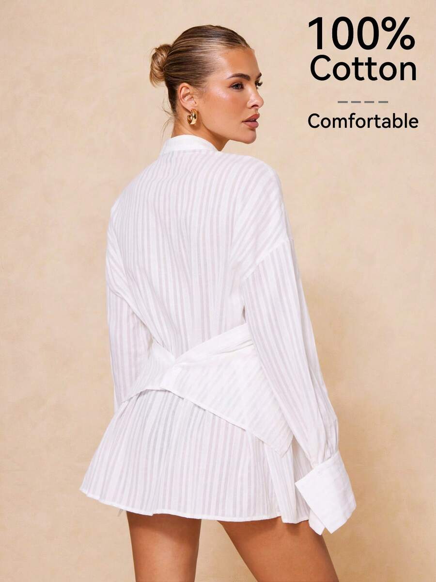 Lumalex 100%纯棉交叉系带长袖宽松女式衬衫