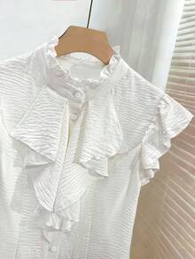 Franclia 女士优雅纹理面料立领荷叶边垂褶装饰开襟短袖衬衫 - 白色 - 查看 3