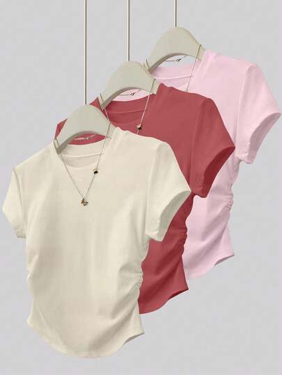 3 ชิ้น เสื้อยืดลำลองสำหรับวัยรุ่นหญิง, ประกอบด้วยเสื้อครอปเข้ารูปสีแดงอิฐ, ชมพูอ่อน และแอปริคอทเข้ม, เหมาะสำหรับฤดูใบไม้ผลิ/ฤดูร้อน, น้ำหนักเบาและสวมใส่สบายสำหรับชุดลำลองในชีวิตประจำวัน, คอลเลคชั่นฤดูร้อนสุดคูล