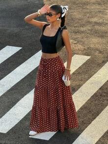 Muchica 女士棕色波点休闲度假半身裙，适合外出、街头风、Y2K时尚、春夏穿着，波西米亚风棕色半身裙，夏季长裙 - 棕色 - 查看 4