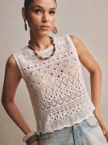 Poéselle 镂空针织无袖法式复古背心，露背波浪领，外出上衣，女士度假装扮，乡村风女士装扮，女士沙滩装扮，完美适用于度假、旅行、周末和海滩穿着，春夏钩针编织上衣，女士背心，女士夏季上衣 - 米色 - 查看 1
