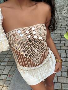 Selianne Top de punto con bandana de lentejuelas sexy y lindo estilo Y2K, ajuste ceñido, para salidas, club, playa, vacaciones, festivales de música country en primavera y verano - Albaricoque - Ver 6