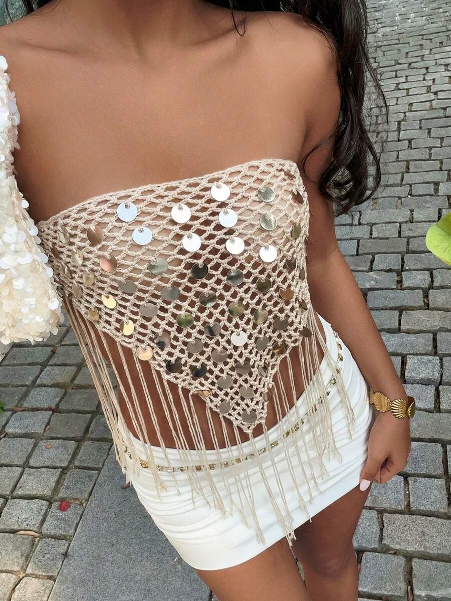 Selianne 女士性感可爱Y2K亮片抹胸针织上衣，修身款，适合春夏外出、俱乐部、海滩约会、度假、乡村音乐节等场合。 - 杏色 - 查看 1