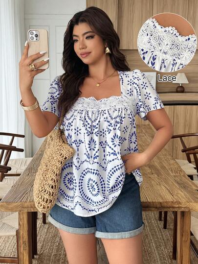 Weeklong Women's Comfortable Solid Color Geometric Print Ruffle Splice Vacation/Casual Shirt