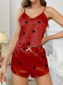 LuxeNights Women's Heart Print Faux Silk Camisole And Shorts Pajama Set - Red - View 3