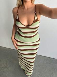 Auralis 女士夏季新款钩针连衣裙，露背交叉条纹波西米亚风度假连衣裙，优雅大码连衣裙/绿色条纹连衣裙/针织毛衣连衣裙/休闲沙滩度假连衣裙 - 彩色 - 查看 6