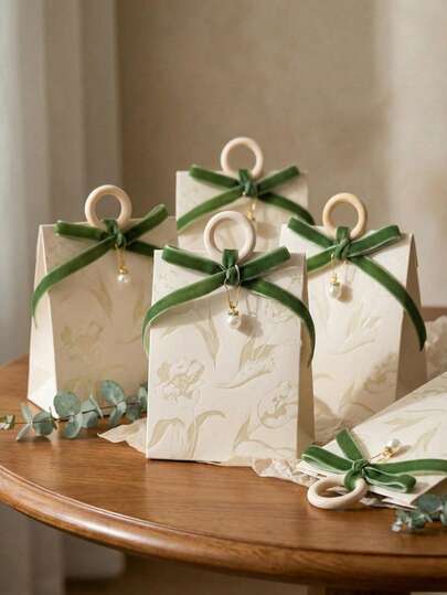 Cirelle 5个装优雅婚礼糖果盒，带提手 - 压花图案礼品袋，配丝带和环扣，适用于派对回礼和餐桌装饰