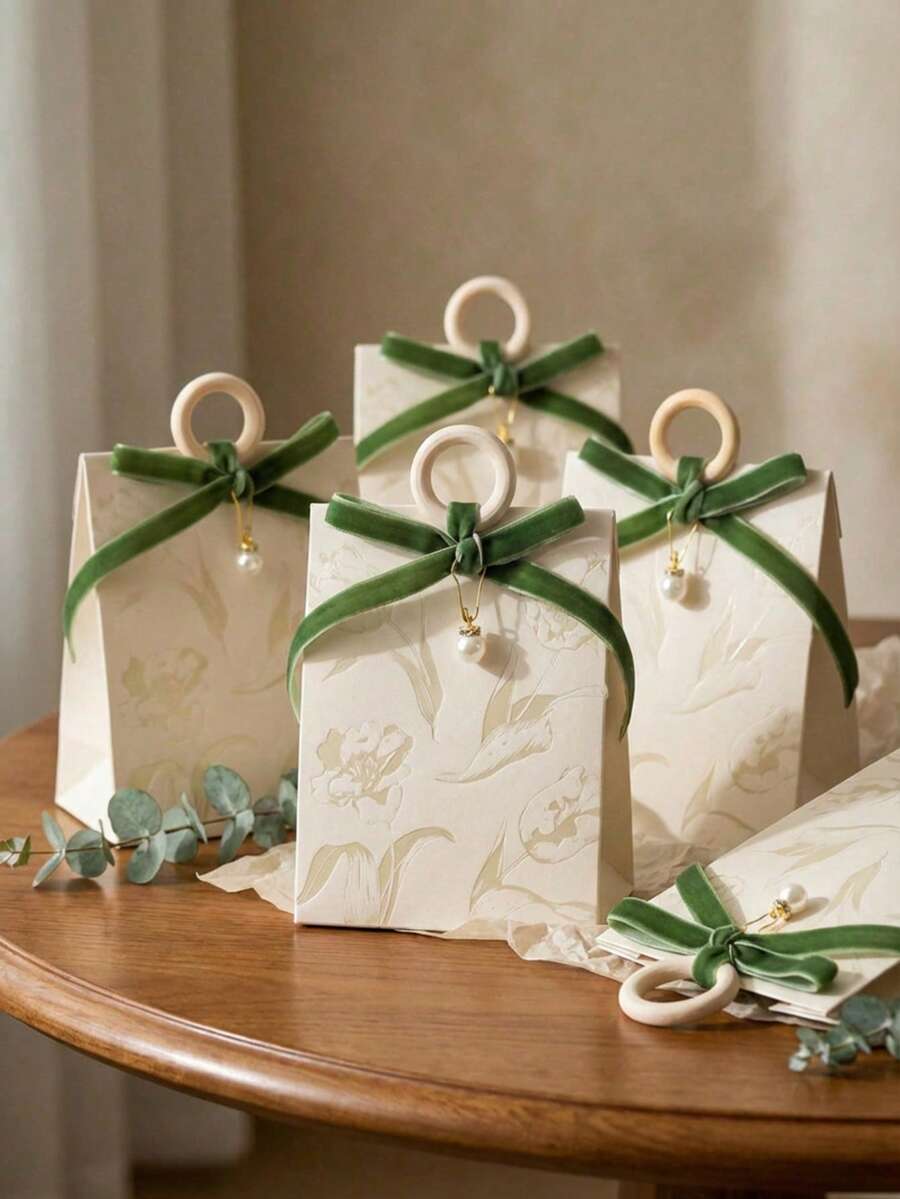 Cirelle 5pcs Elegant Wedding Candy Boxes With Handles - Embossed Pattern Gift Bags With Ribbon & Rings, For Party Favors & Table Decor - Multicolor - View 1