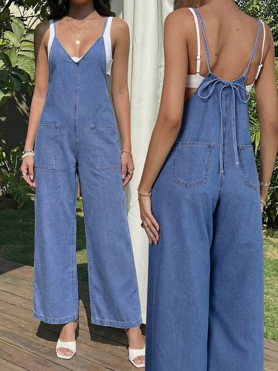 Sunnyshic Casual Vacation Denim Jumpsuit - Blue - View 1