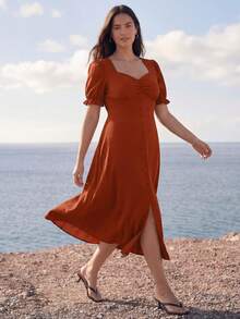 SHEIN LUNE Plus Size Solid Color Sweetheart Neck Slit Elegant Short Sleeve Dress - Redwood - View 8