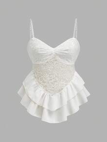 Qadelle Top de tirantes finos de estilo suelto y elegante, con diseño de encaje blanco, parches y decoración de perlas, de doble capa y silueta evasé, ideal para uso casual, al aire libre, de paseo, de playa o de fiesta, de estilo versátil y de alta gama, nueva colección primavera/verano - Blanco - Ver 1