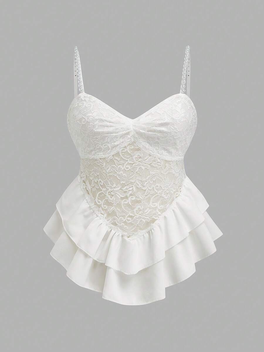 Qadelle Top de tirantes finos de estilo suelto y elegante, con diseño de encaje blanco, parches y decoración de perlas, de doble capa y silueta evasé, ideal para uso casual, al aire libre, de paseo, de playa o de fiesta, de estilo versátil y de alta gama, nueva colección primavera/verano - Blanco - Ver 1