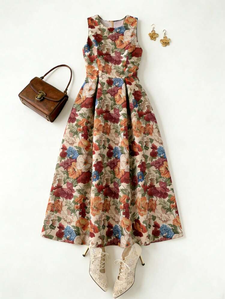 Women's Elegant Floral Print Round Neck Sleeveless Mid-Length Dress, Summer,Wedding Guest Dress Women Sundress Boho