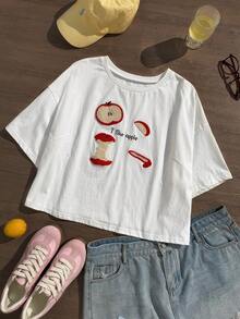 Comfortcana Áo thun cotton dáng rộng thoải mái cỡ lớn, chất liệu cotton, kiểu dáng thường ngày, thêu hình quả táo 3D, thích hợp cho mùa xuân/hè. - Nhiều màu - Xem 6
