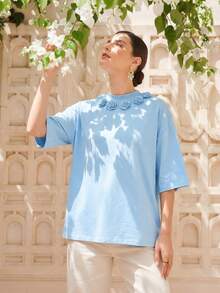 LOTSLUV 女士白色圆领中袖宽松百搭T恤，春夏款 - 藍色 - 查看 3