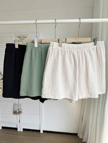 Comfortcana 3pcs/Set Plus Size Solid Color Linen Comfortable Casual Shorts, Suitable For Spring And Summer - Multicolor - View 2