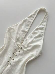 Elamini Bộ jumpsuit nữ in họa tiết Paisley, cổ chữ V khoét sâu, lưng chéo, chất liệu chun co giãn, thích hợp cho tiệc tùng phong cách Bohemian, mùa hè. - Màu be - Xem 1