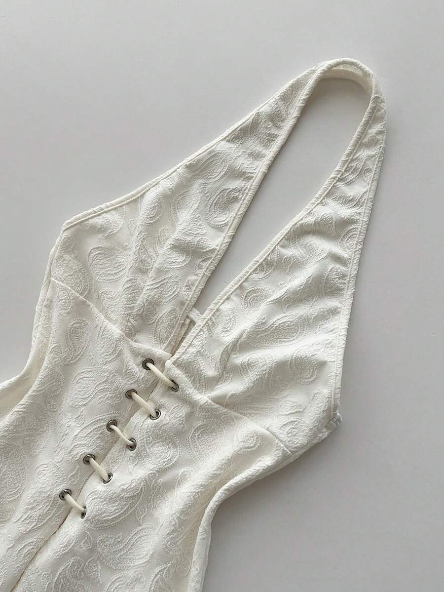 Elamini 女士佩斯利印花性感深V紧身弹力交叉露背连体裤，波西米亚风派对装，夏季 - 杏色 - 查看 1