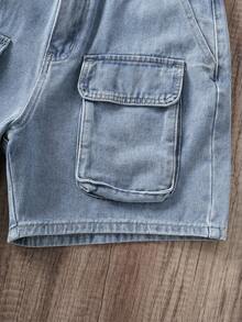 Manfinity Joysei Shorts Denim Masculina com Design de Bolso Frontal, Modelo Largo Liso Azul Claro, Moda Rapper para Uso Diário - Azul - Visão 4